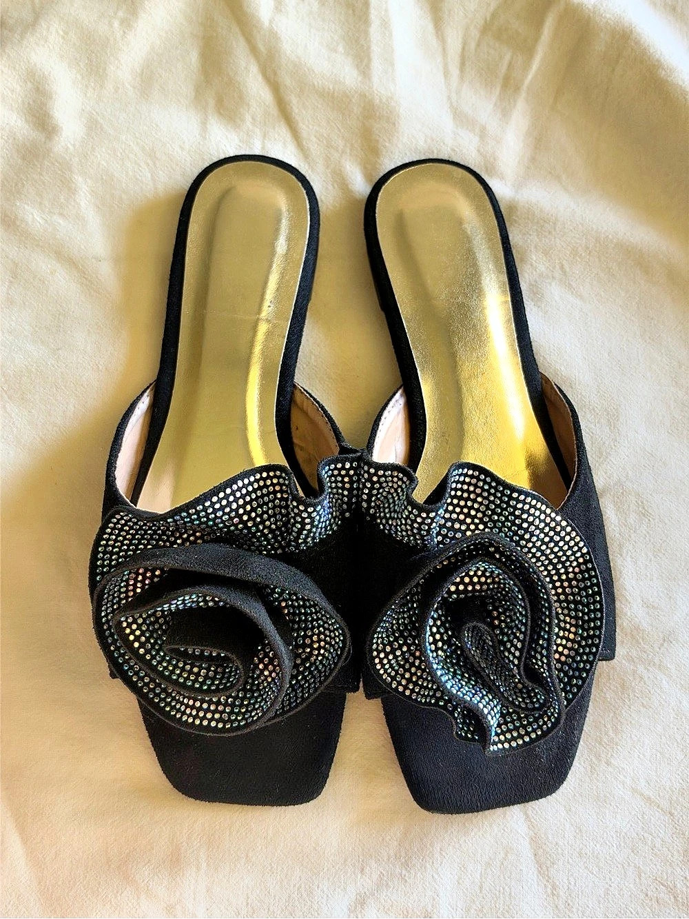 Black Embellished Bow Mules